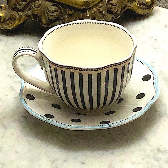 GRACES TEAWARE FLAT CUP SAUCER SET BLACK STRIPE & DOTS METALLIC GOLD DOTS NEW - Picture 6 of 14